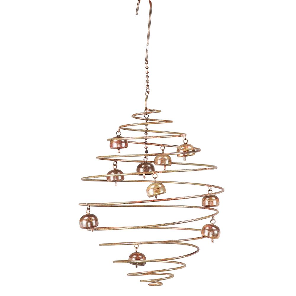 Hanging spiral wind chime with metallic bells.