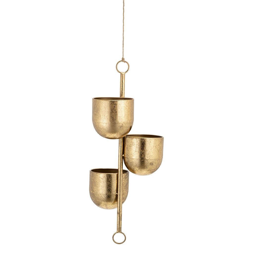 Hanging gold metal planter with three pots.
