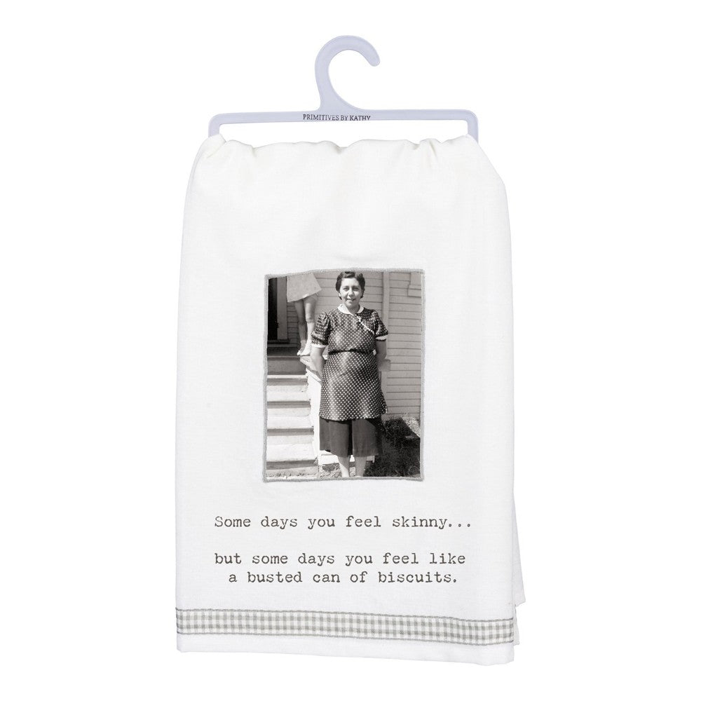 White towel with a vintage photo and humorous text about body image.