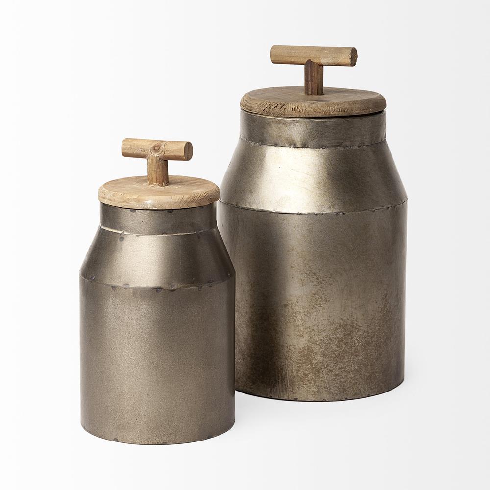 Two metal canisters with wooden handles on white background.