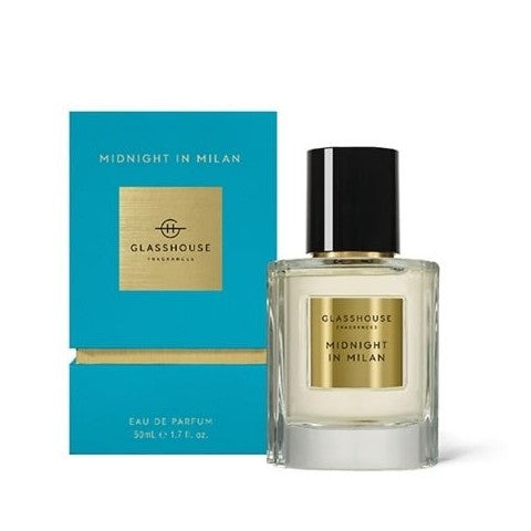 Perfume bottle and box, "Midnight in Milan" by Glasshouse Fragrances.