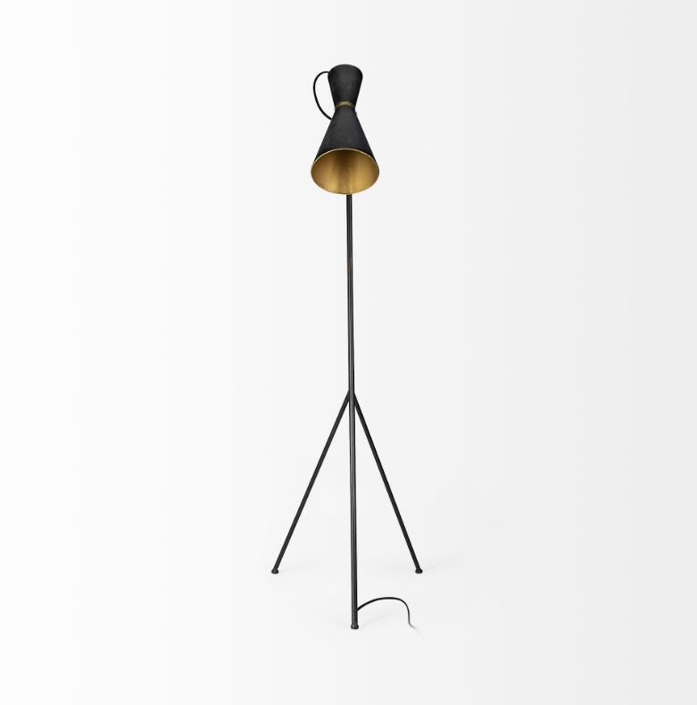 Minimalist black floor lamp with a tripod base.