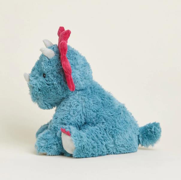 Blue plush triceratops toy with red horns and feet.