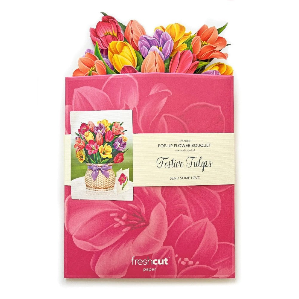 Pop-up tulips bouquet card with vibrant colors and floral design.