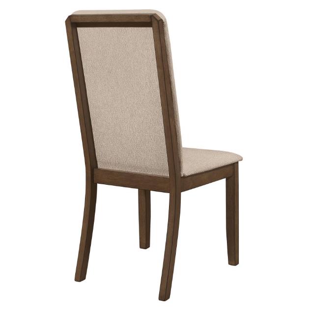 Beige upholstered chair with wooden frame, back view.
