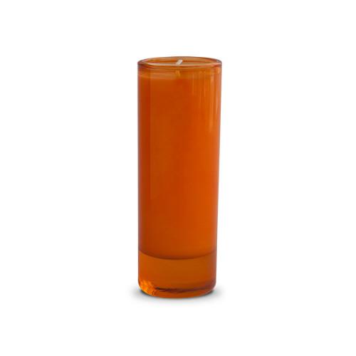 Tall orange candle in a glass holder, isolated on a white background.