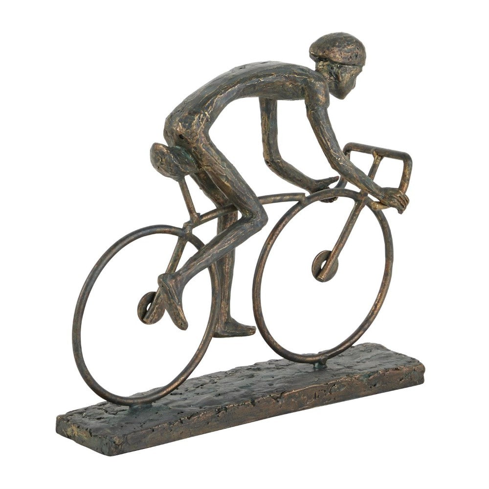 Bronze sculpture of a cyclist in motion.