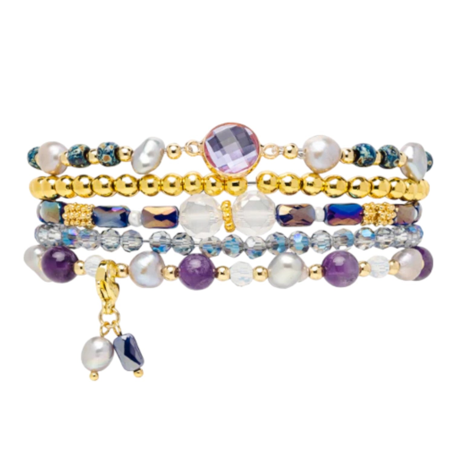 Stack of colorful beaded bracelets with gold and purple accents.
