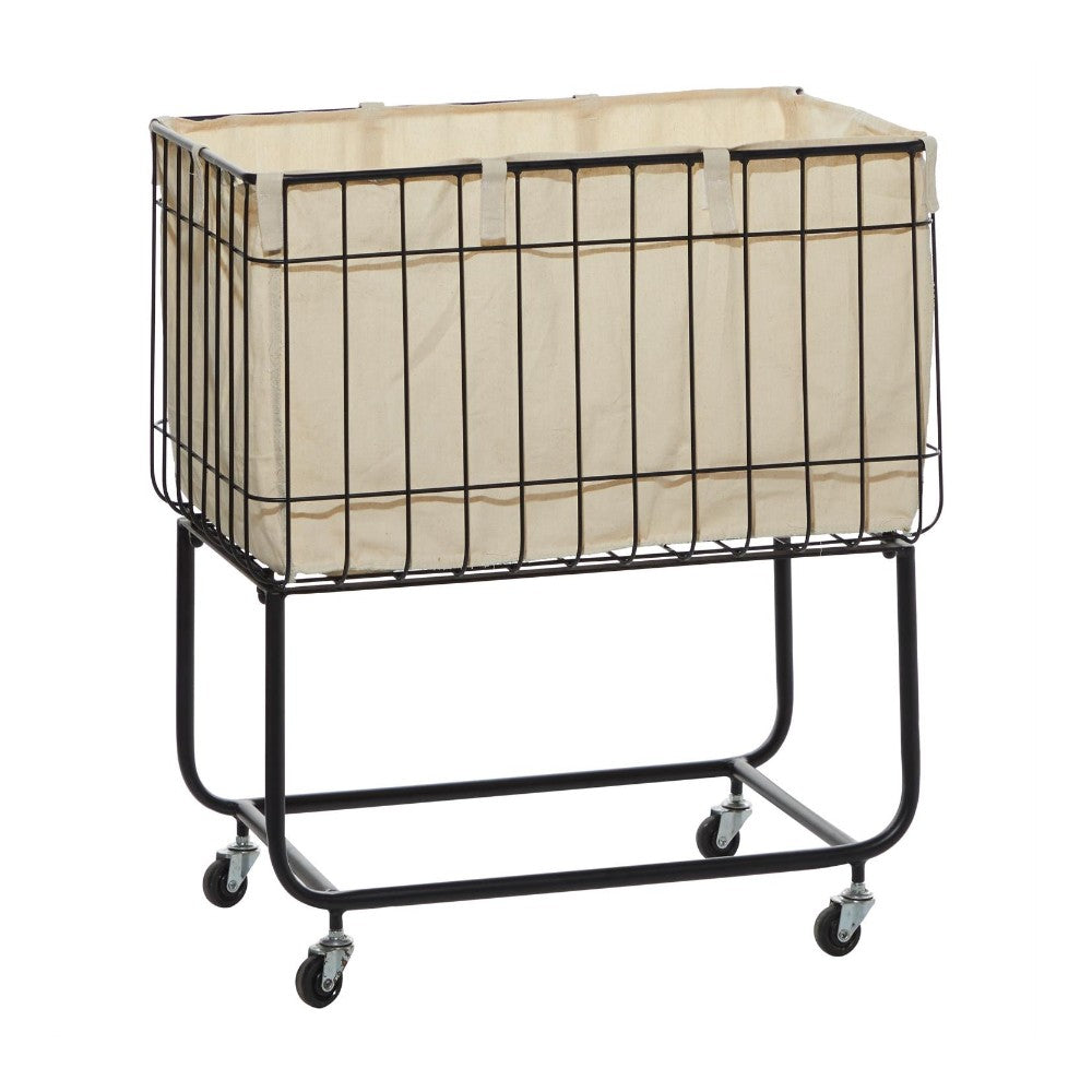 Metal laundry cart with canvas liner and wheels.