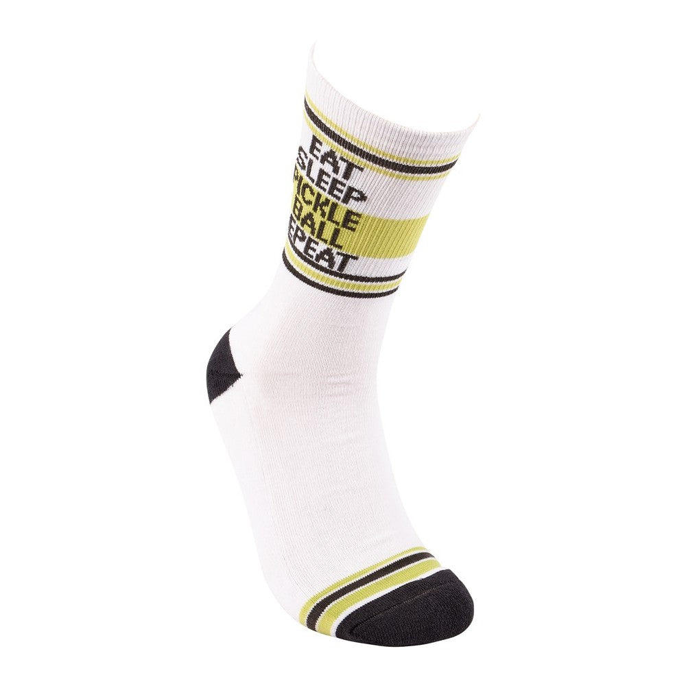 White sock with stripes; reads "EAT SLEEP PICKLEBALL REPEAT."