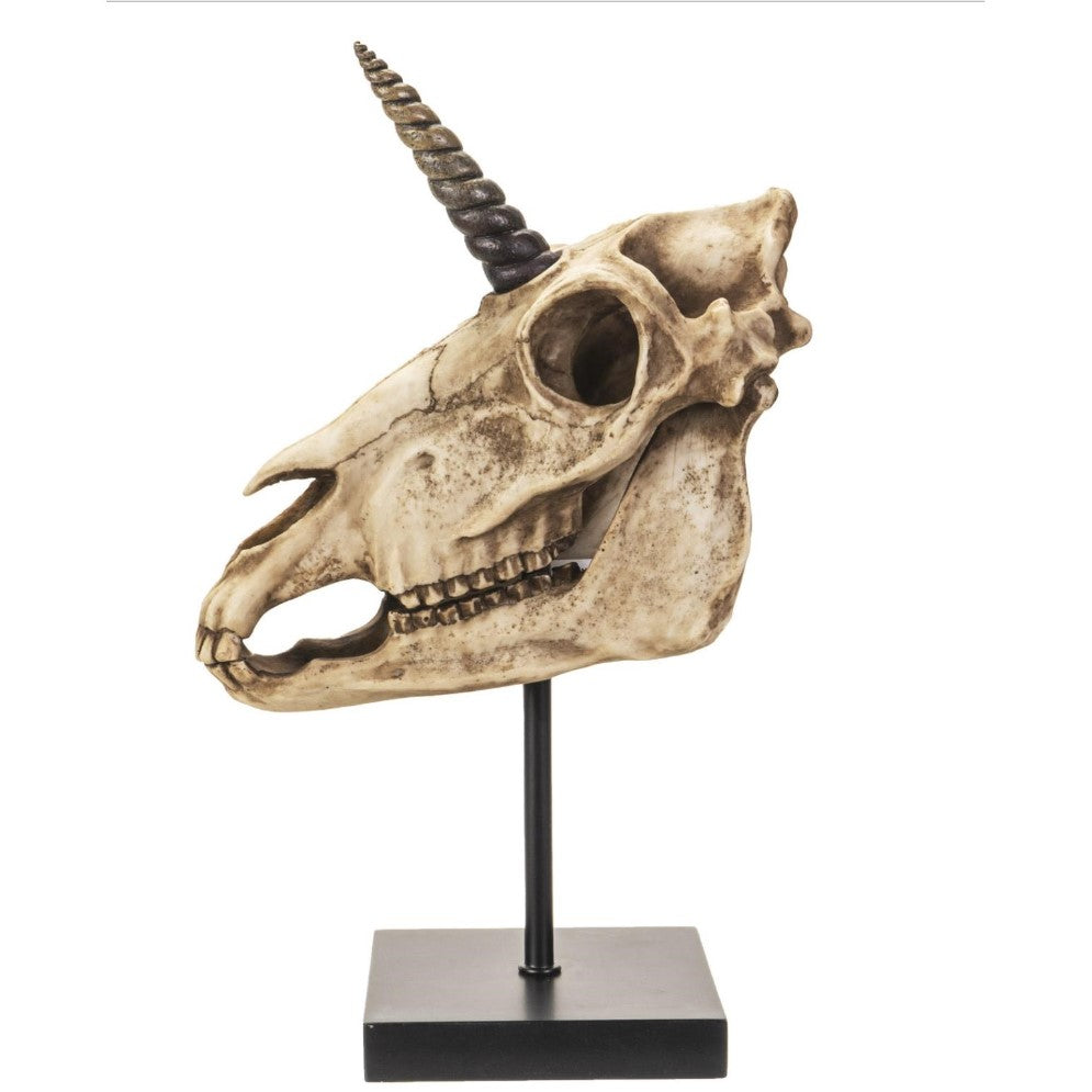 Unicorn skull sculpture on a stand.