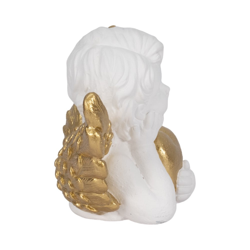 White cherub with golden wings, holding a heart.