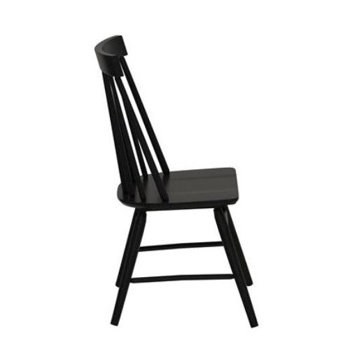Black wooden chair with a spindle backrest, viewed from the side.