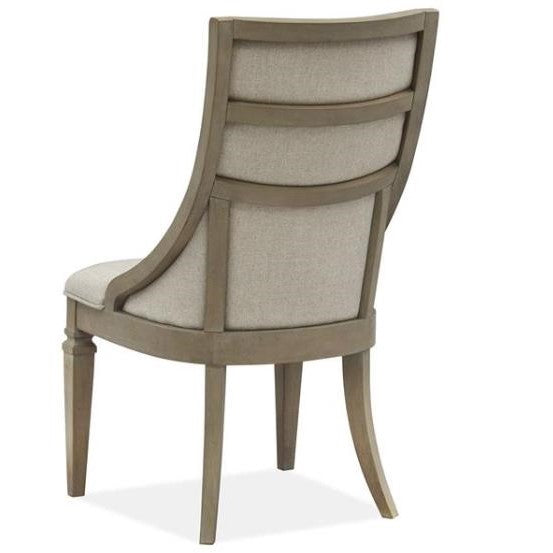 Elegant wooden chair with upholstered back and curved legs.