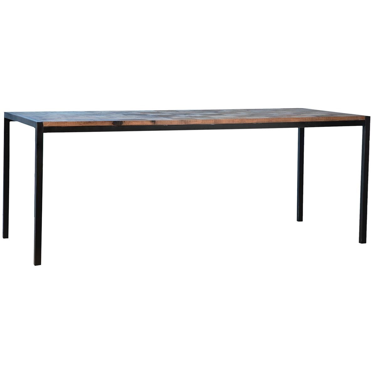Minimalist table with wooden top and metal legs.