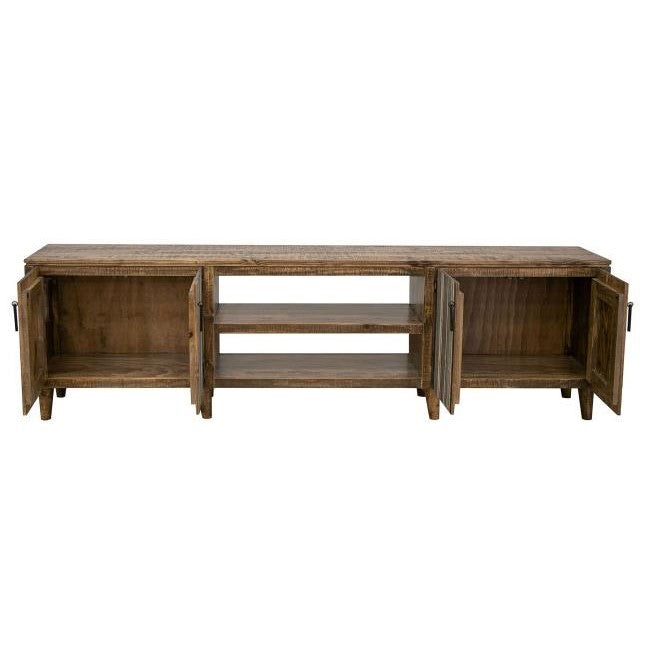 Wooden TV stand with open shelves and doors.
