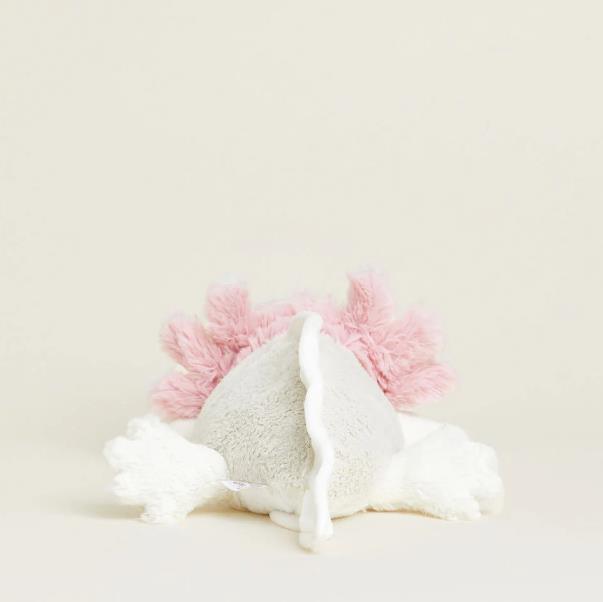 Plush axolotl toy with pink fronds, viewed from behind.