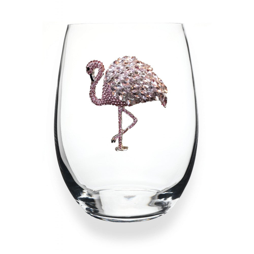Clear glass with a decorative pink rhinestone flamingo design.