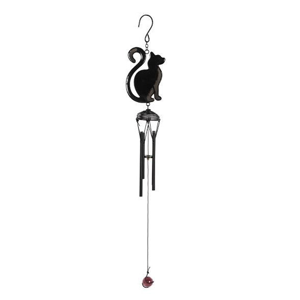 Cat-shaped wind chime with hanging tubes and ball.