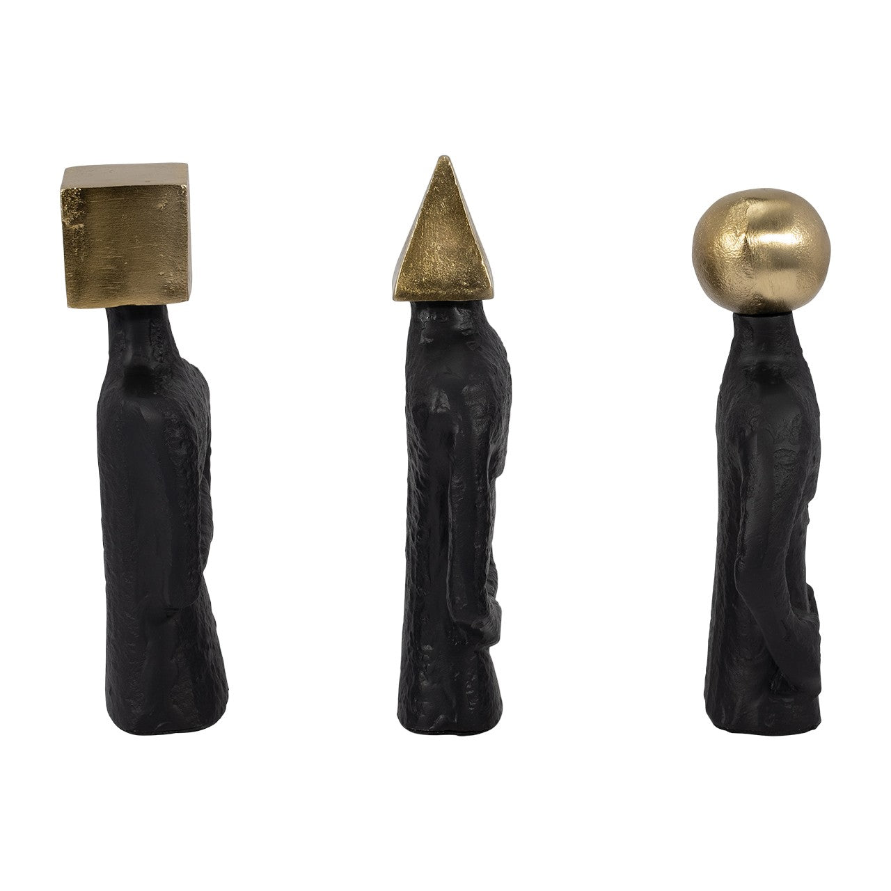 Three abstract black figures with geometric gold heads.
