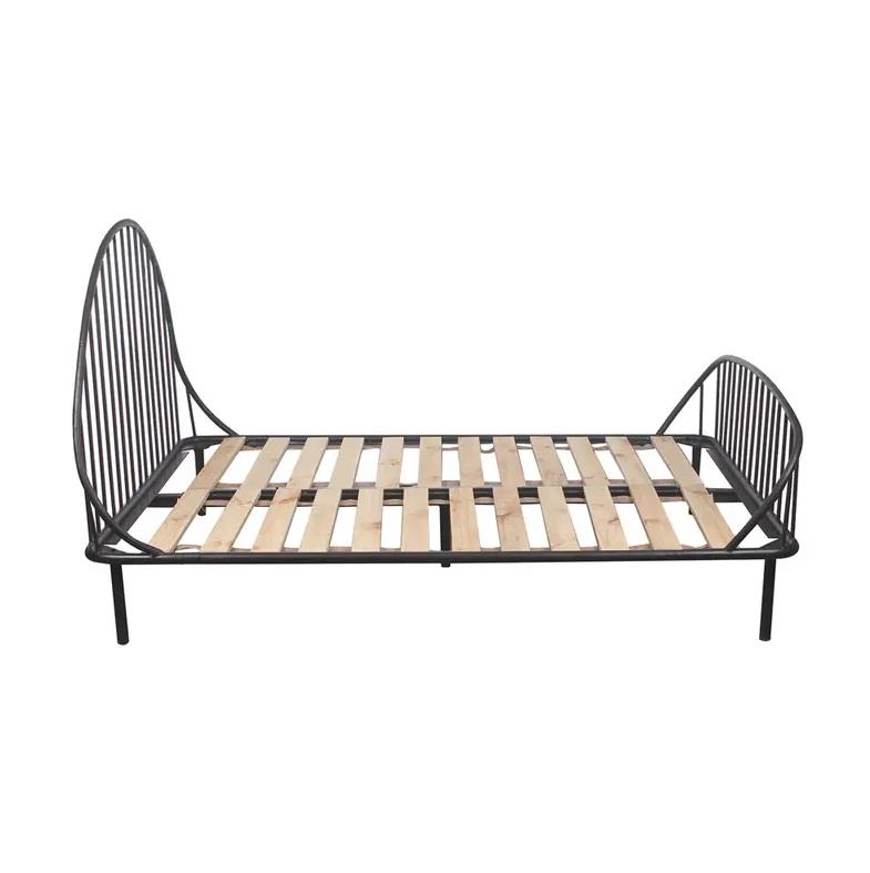 Metal bed frame with wooden slats and curved head and foot.