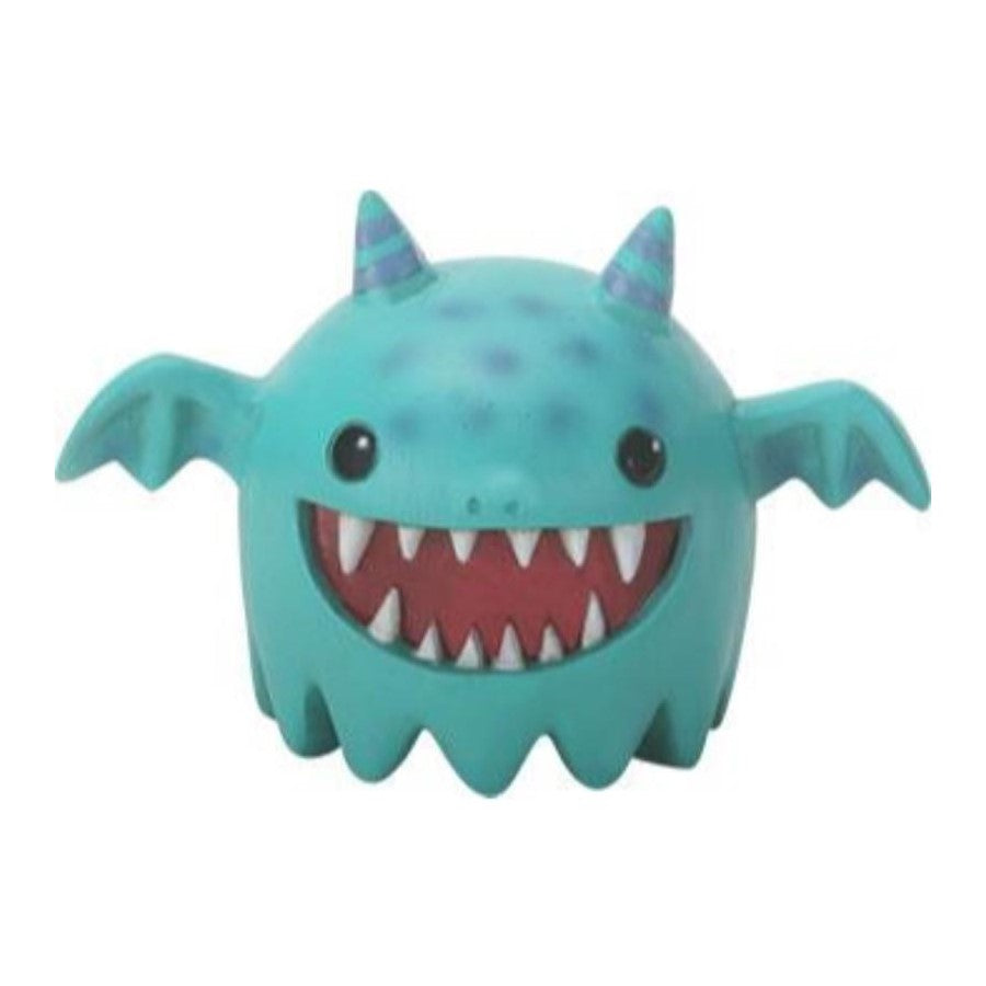 Cute teal monster toy with big teeth, wings, and striped horns.