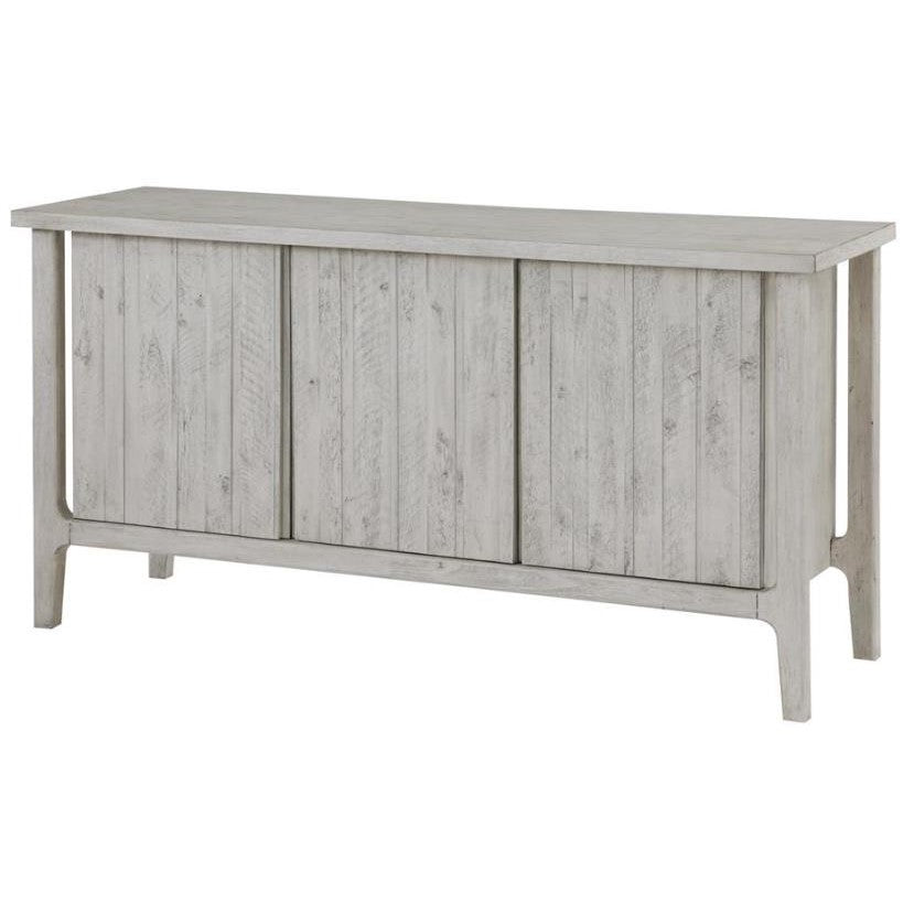 Gray wooden sideboard with paneled doors.