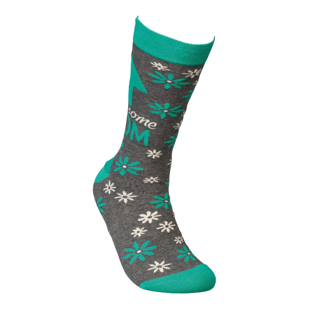 Gray sock with teal accents and "awesome MOM" text, flower patterns.