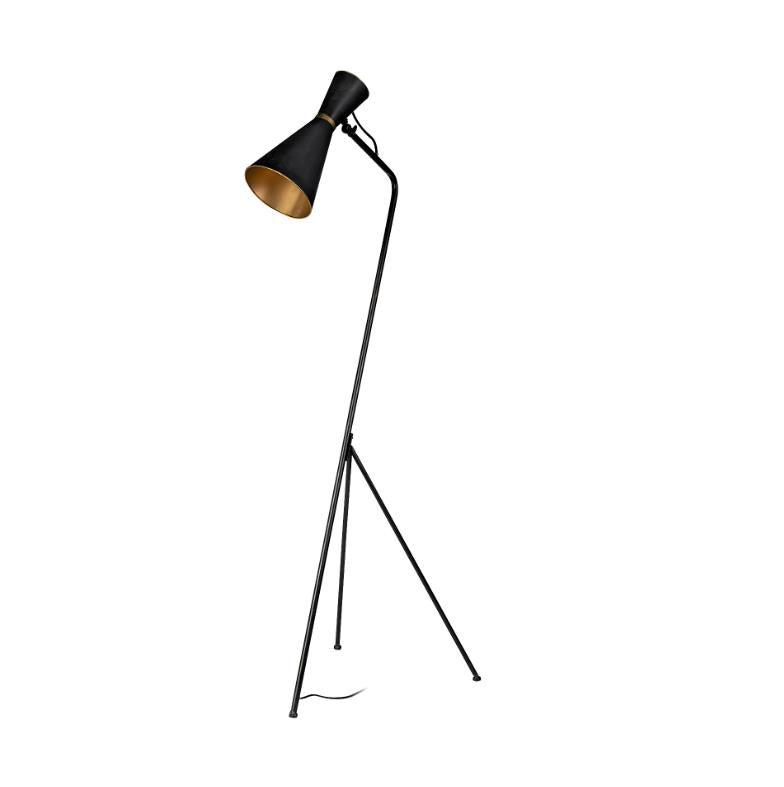 Minimalist black floor lamp with tripod base and adjustable head.