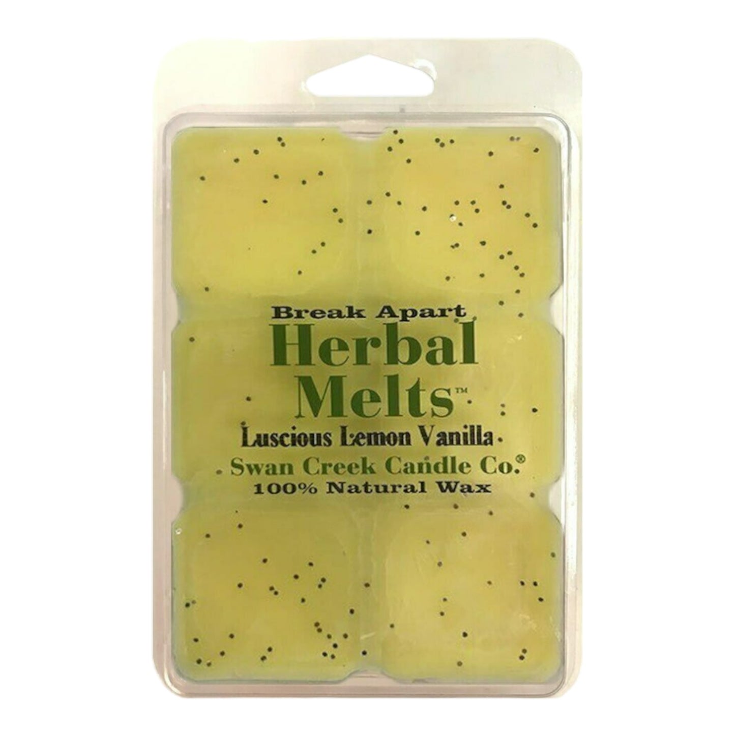 Lemon vanilla herbal wax melts in a clear package.