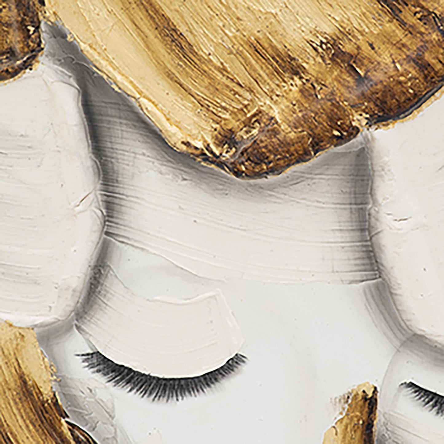 Textured paint strokes with closed eye, white and gold tones.