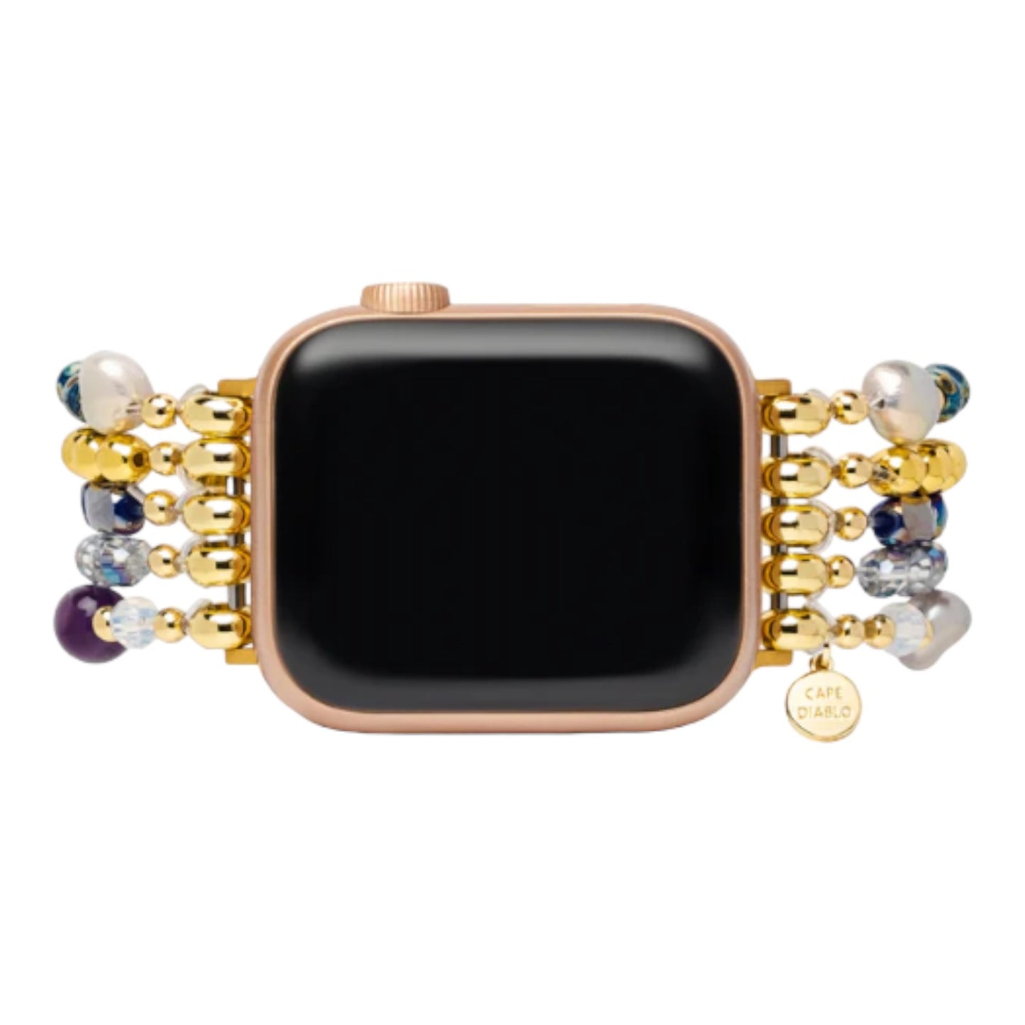 Smartwatch with multicolored beaded strap and gold accents.