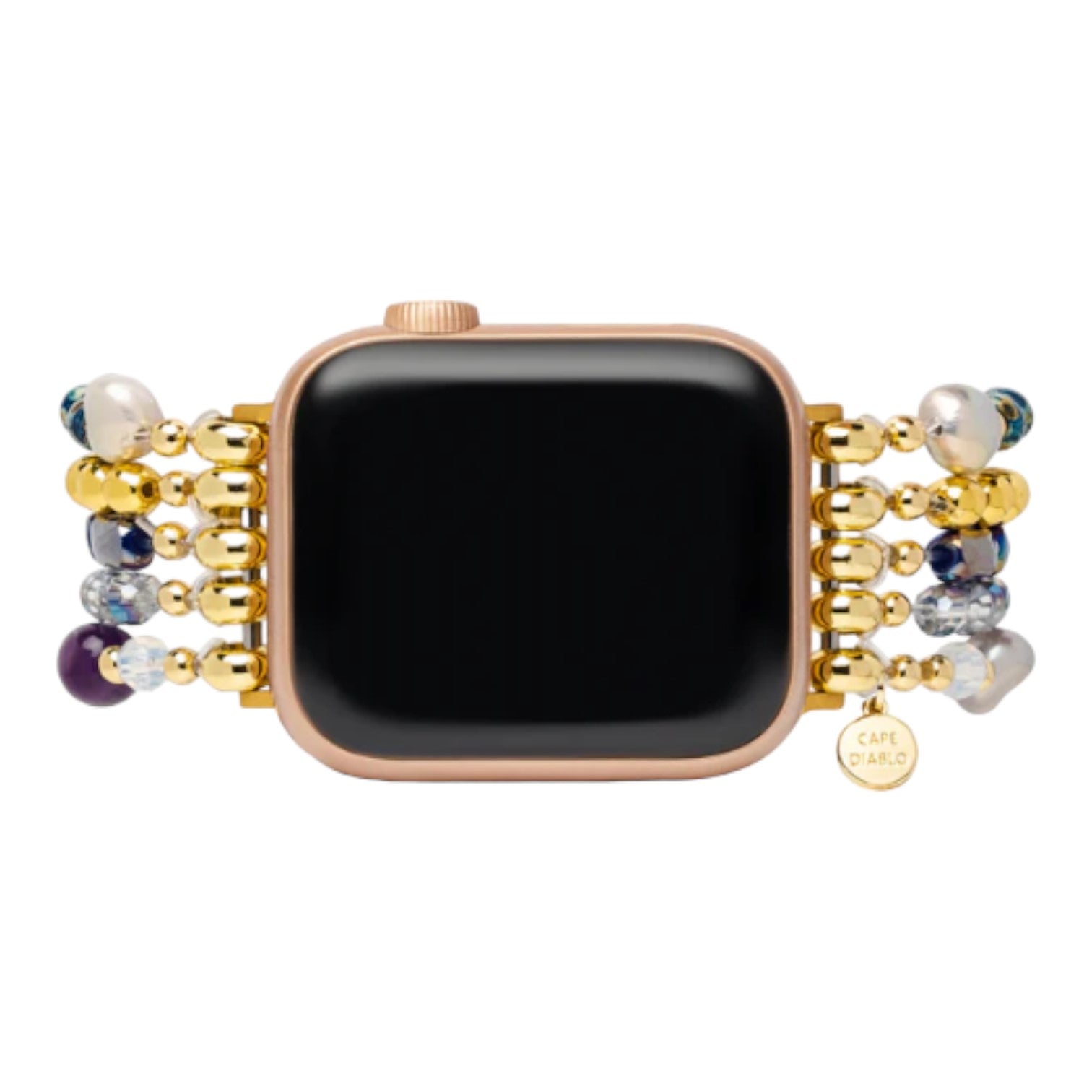 Smartwatch with multicolored beaded strap and gold accents.