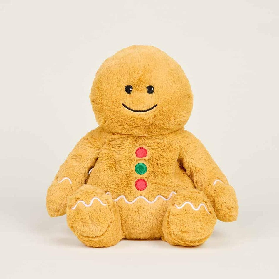 Cute gingerbread plush toy with colorful buttons.