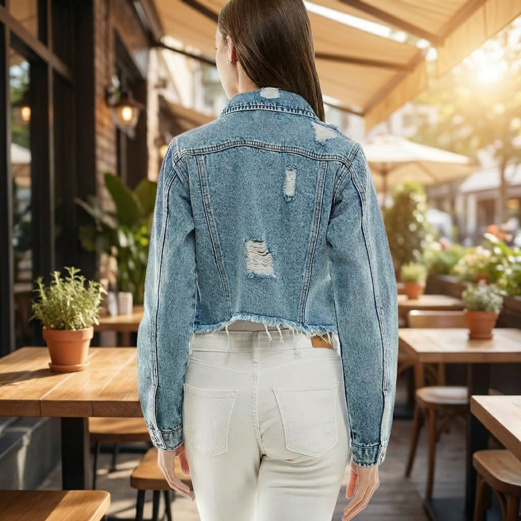 Woman in a denim jacket walking through a cafe with sunlit tables.