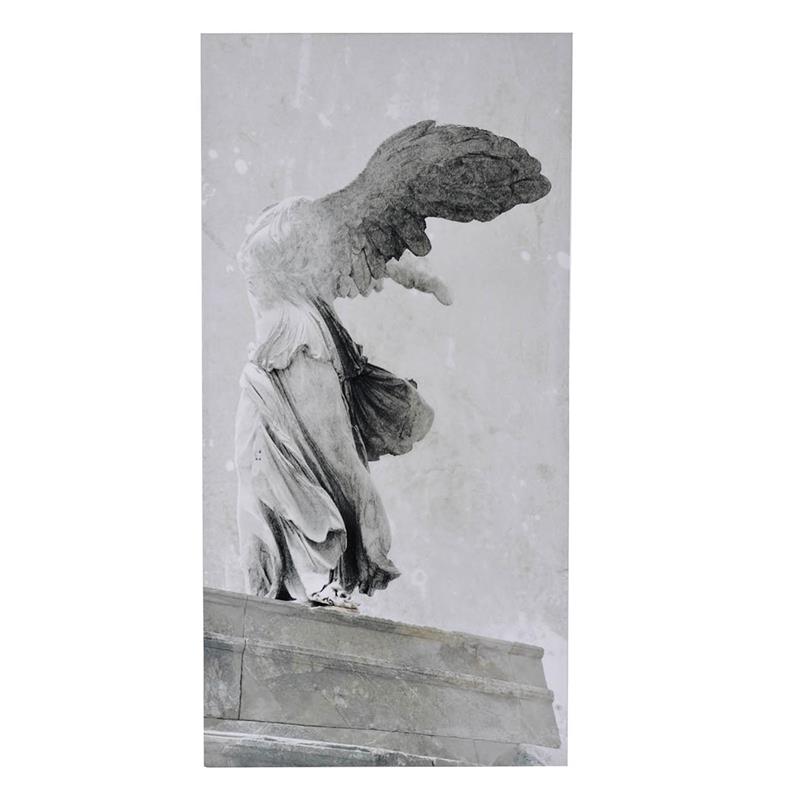 Winged statue from behind, marble texture, grey background.