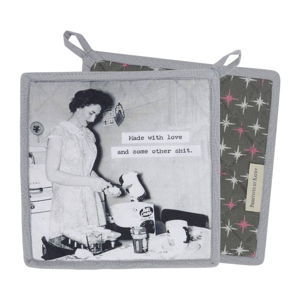 Retro kitchen scene with humorous text on a gray pot holder.