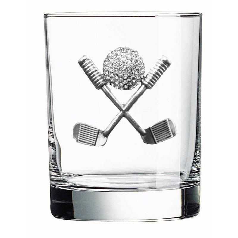 Clear glass with crossed golf clubs and ball design.