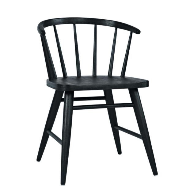 Black wooden chair with a curved back and spindles.