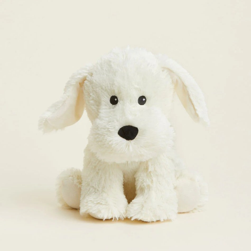 Fluffy white plush dog with black eyes and nose.