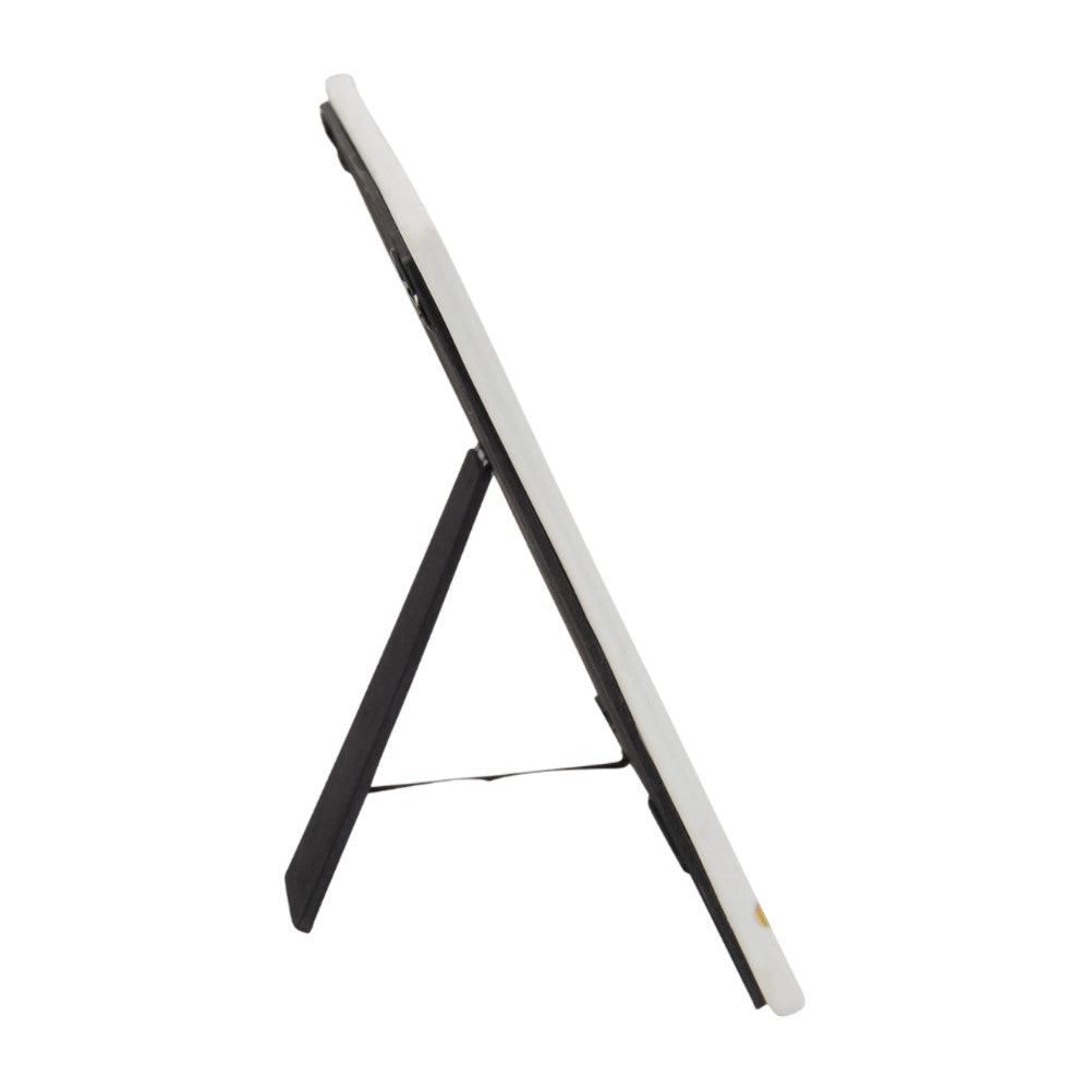 Side view of a whiteboard with a black stand.