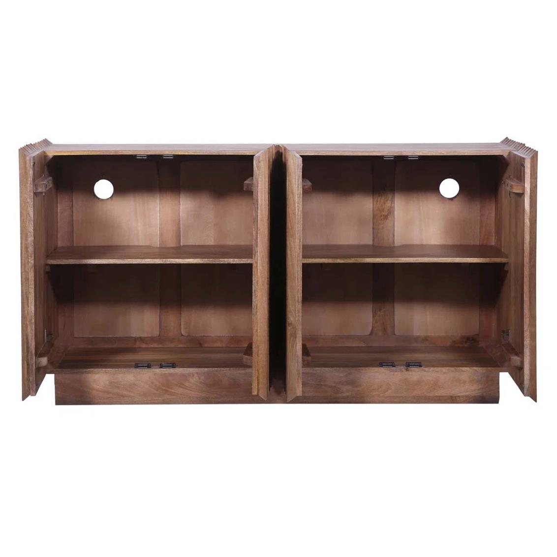 Open wooden cabinet with shelves and circular cutouts.