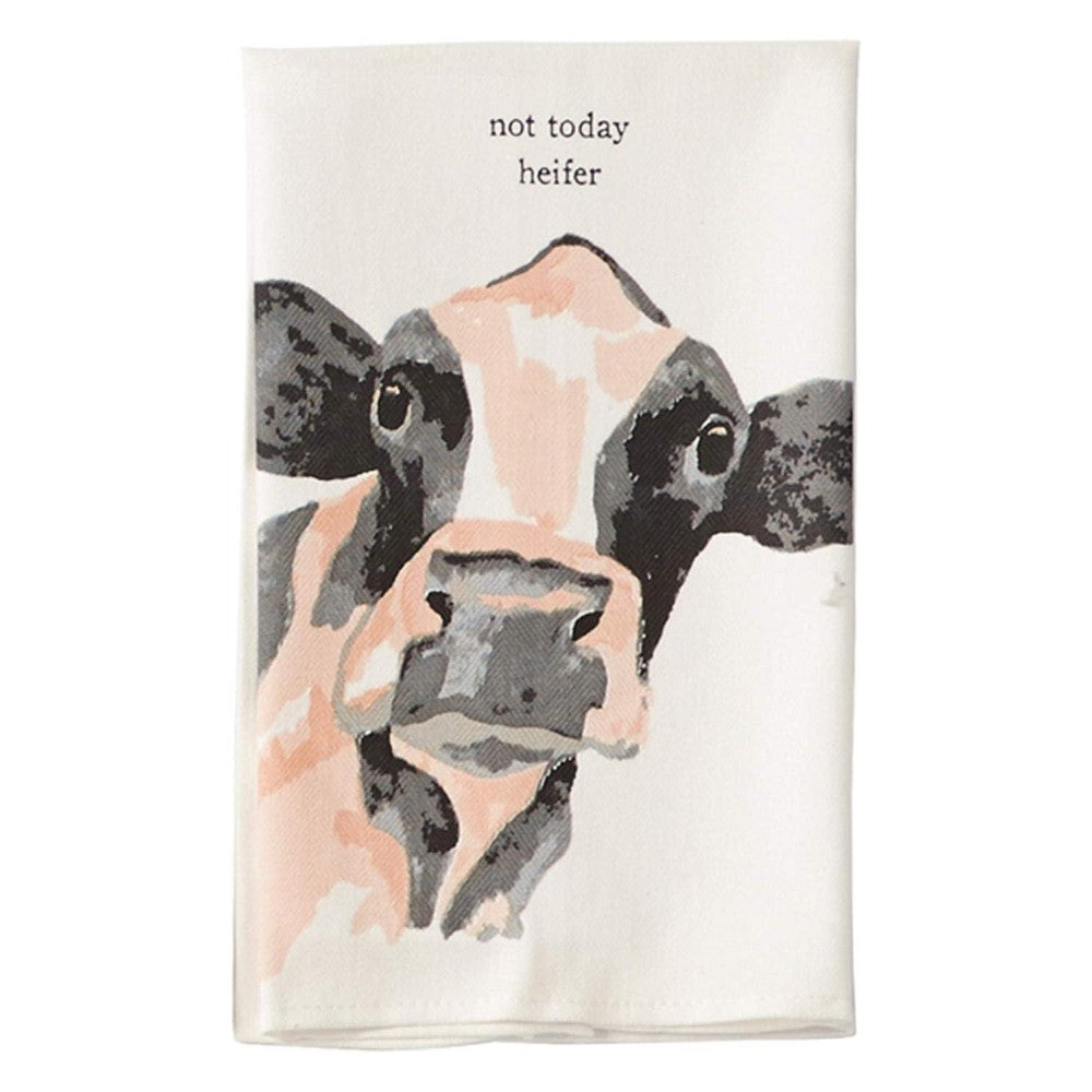 Illustrated cow towel with "not today heifer" text.