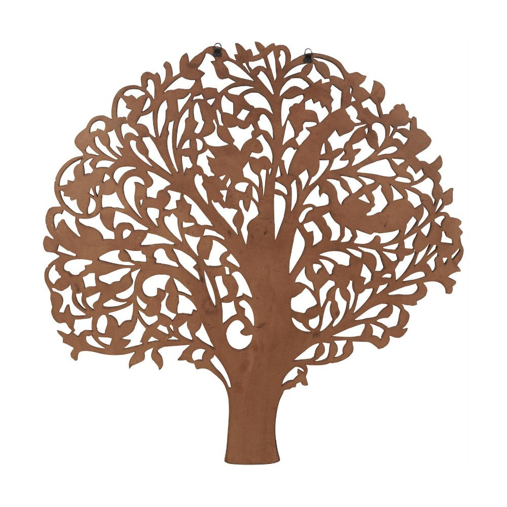 Intricate metal tree wall art with branches and leaves.