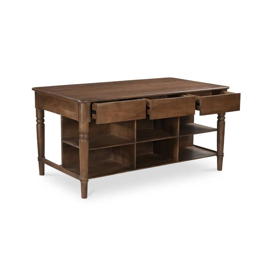Wooden desk with open drawers and shelves.