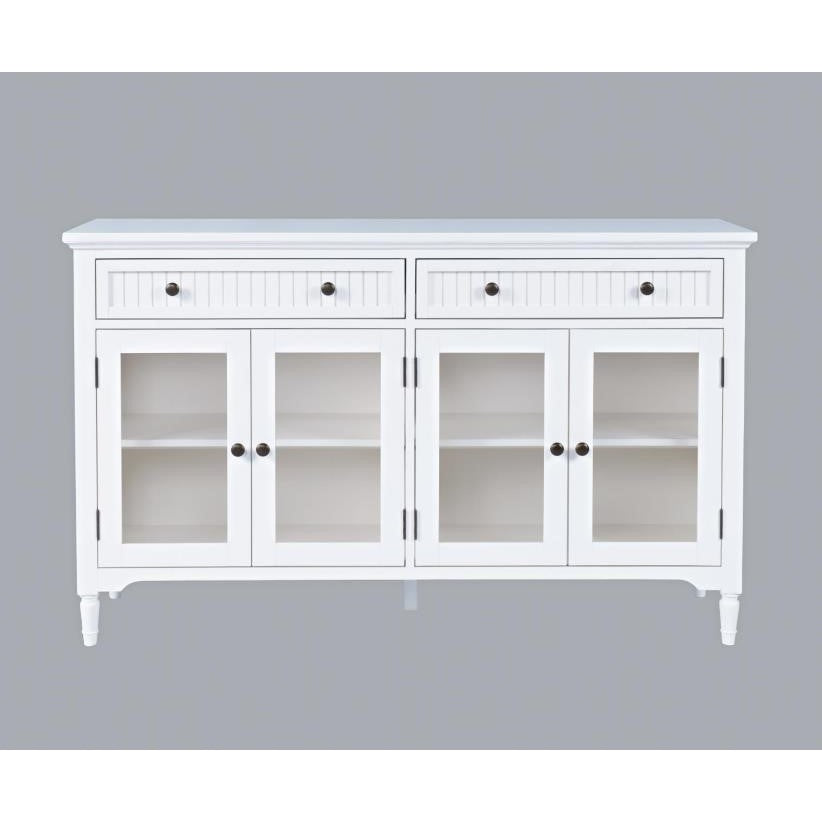 White wooden cabinet with four glass doors and two drawers.