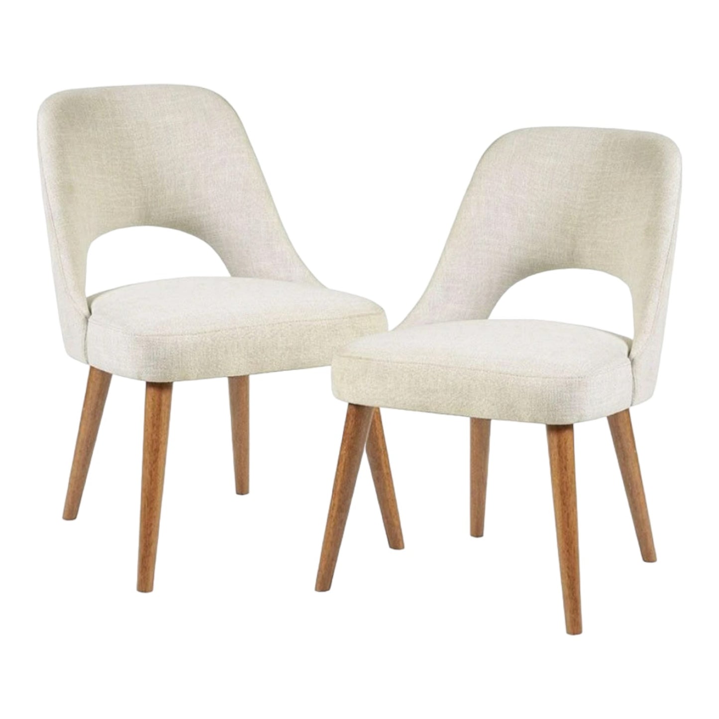 Two beige upholstered chairs with wooden legs.