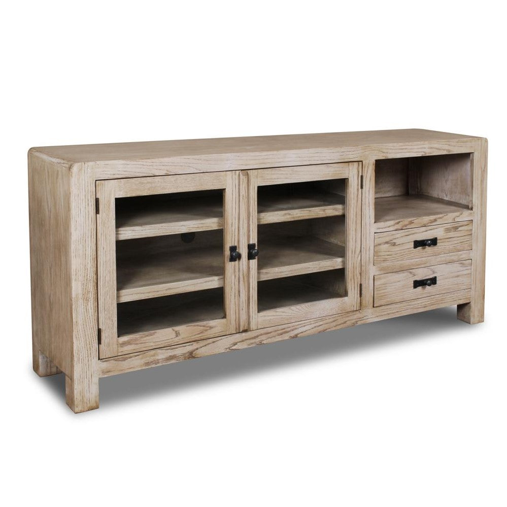 Wooden sideboard with glass doors, shelves, and drawers.