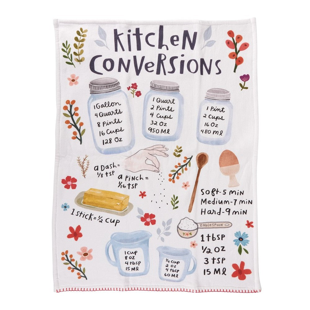Illustrated kitchen conversion chart with jars and floral accents.