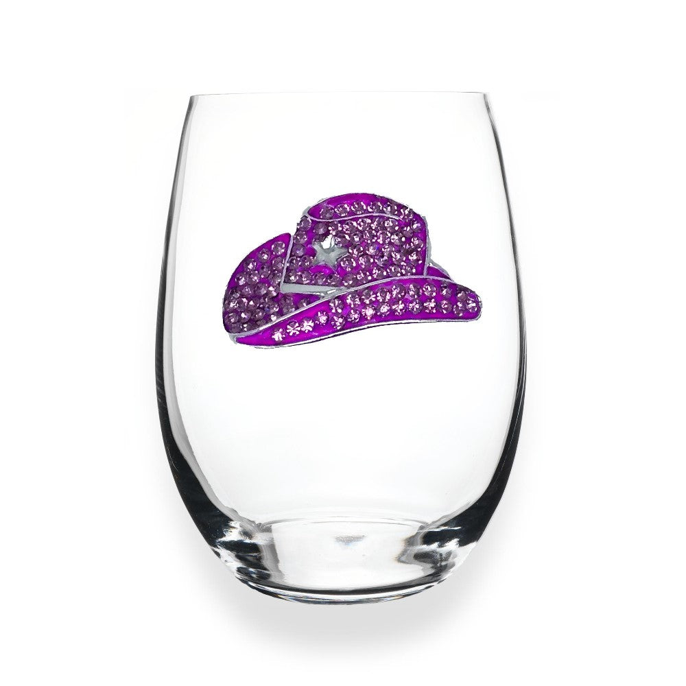 Clear glass with a purple rhinestone cowboy hat design.
